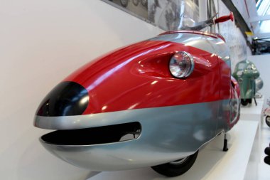 Pontedera, Pisa, Italy - October 26, 2019: 1967 Vespa Alpha, used in the movie Dick Smart, Agent 2007. Displayed at the Piaggio Museum