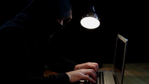 Hacker Mit Kapuzenpulli Und Sturmhaube Sitzt Auf Laptop Tastatur Isoliert — Stockvideo