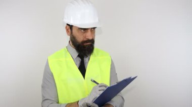 Mimar iş kaskı takıyor, tahtaya yazı yazıyor ve parmakla işaret ediyor..