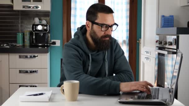 Man Beard Glasses Working Computer Home Doing Thumb Sign Hand — Stock Video