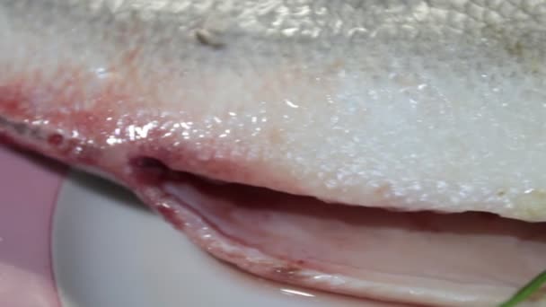 Een Zeebaars Vis Gekruid Klaar Koken — Stockvideo