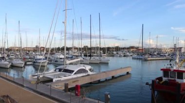 Marina di Pisa, Pisa, İtalya - 16 Ekim 2020: Marina di Pisa limanına demirlemiş teknelerin genel görünümü