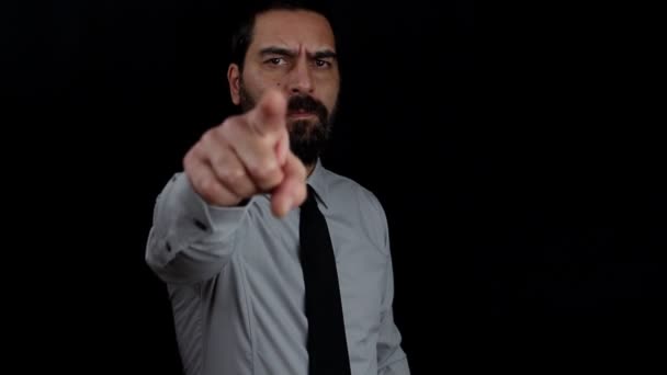 Boss Angry Face Isolated Black Background Raises His Arm Points — Stock Video