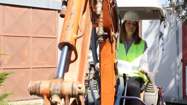 Woman Worker Work Helmet Drives Excavator Building Site Working Concept — Stock Video