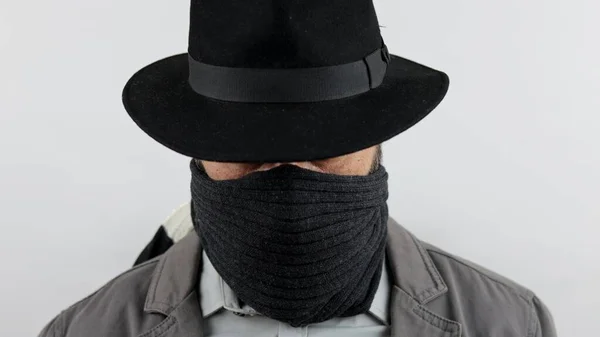 Outlaw Bandit Covered Face Hat Pulled His Eyes Close Portrait — Stock Photo, Image