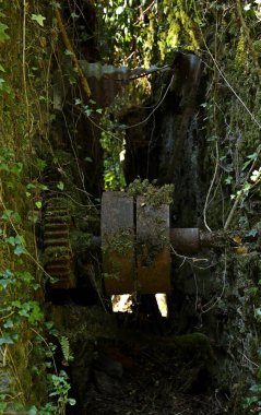 İtalya 'nın Toskana kentindeki Mulina di Stazzema arkeolojik maden parkındaki terk edilmiş Calferro madenlerinde paslı mekanik dişliler..