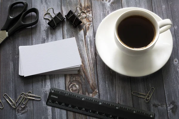 Coffee , business cards and office supplies — Stock Photo, Image