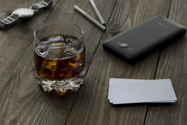 Whiskey, phone, clock — Stock Photo, Image