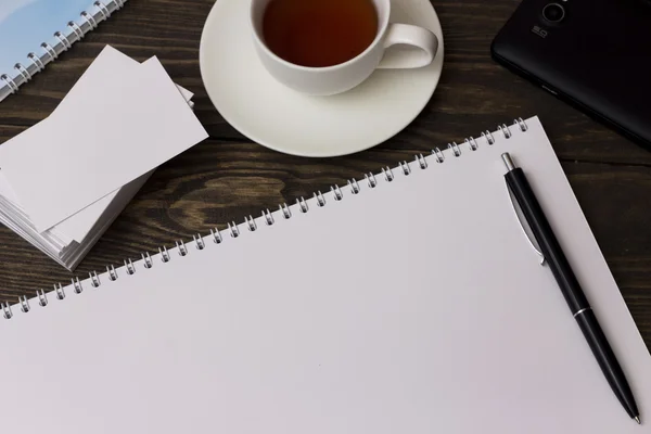 Card , tea, notebook and pen — Stock Photo, Image