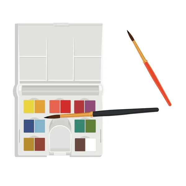 Художественная палитра с красками и кисточками, векторная иллюстрация — стоковый вектор