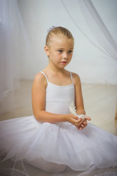 Little cute ballerina with white bird. Princess concept. Fairy tail — Stock Photo, Image