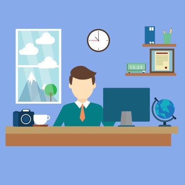 Ofiste, vektör çizim çalışan adam