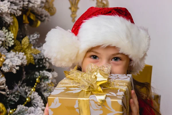 Funny look of cute girl in christmas hat with present — Stock Photo, Image