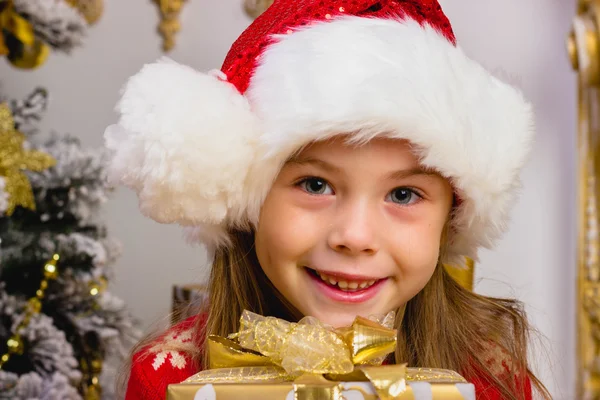 Funny look of cute girl in christmas hat with present — Stock Photo, Image