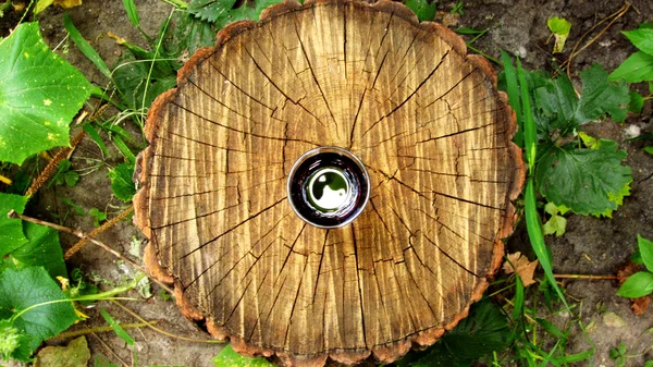 Ahşap bir kütüğün üzerinde koyu kırmızı içecek bir bardak