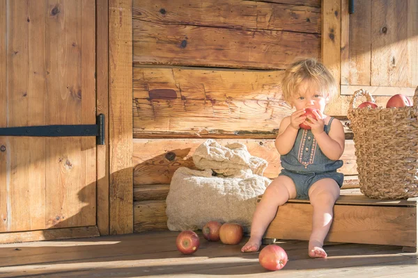 Glückliches kleines Mädchen sitzt in der Nähe einer hölzernen Feldscheune — Stockfoto