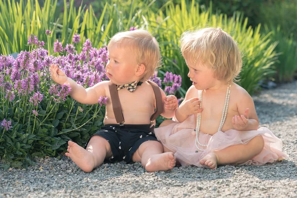 Baby girl and boy sitting in a beautiful garden and pointing to purple flower — Stock Photo, Image