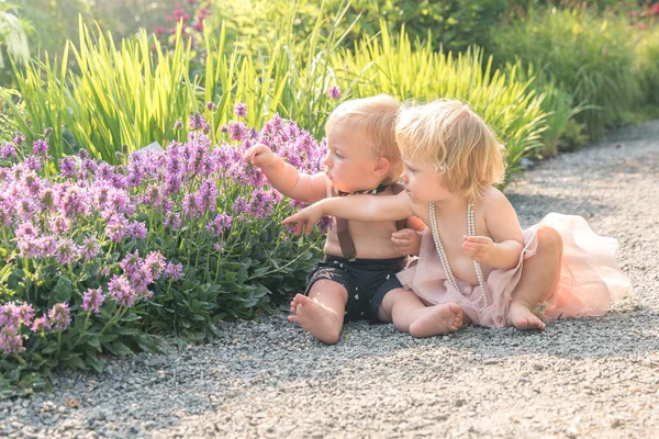 Baby girl and boy sitting in a beautiful garden and pointing to purple flower — Stock Photo, Image