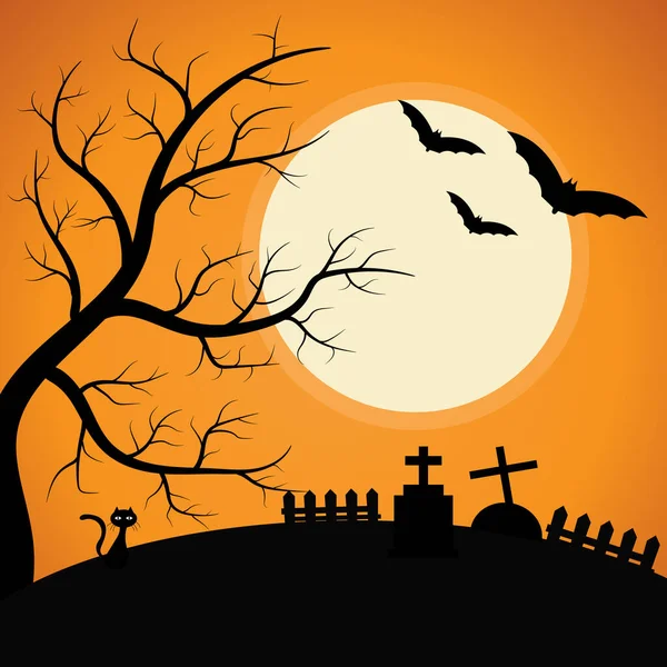 Graveyard Spooky Tree Moon Light Halloween Background — Stock Vector