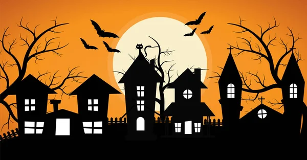 Řada Strašidelný Dům Strašidelný Strom Netopýr Halloween Pozadí — Stockový vektor