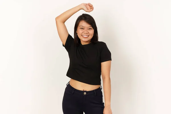 Mooie Aziatische Vrouw Dragen Zwart Pak Geïsoleerd Witte Achtergrond — Stockfoto