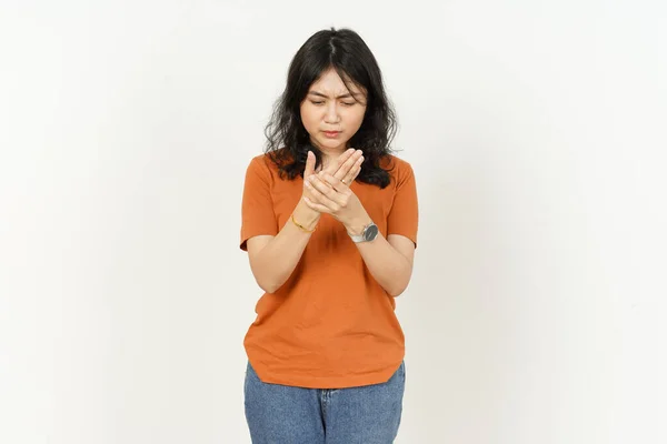 Mooie Aziatische Vrouw Dragen Oranje Kleur Shirt Pijn Bij Hand — Stockfoto
