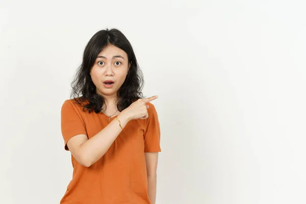 Mooie Aziatische Vrouw Dragen Oranje Kleur Shirt Tonen Wijzen Product — Stockfoto