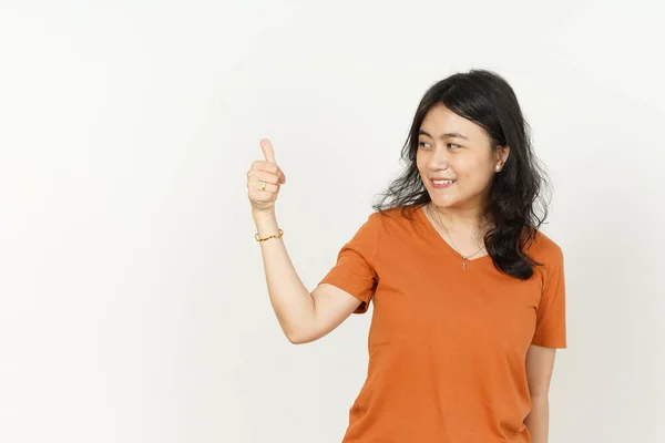 Mooie Aziatische Vrouw Dragen Oranje Kleur Shirt Tonen Duimen Tot — Stockfoto