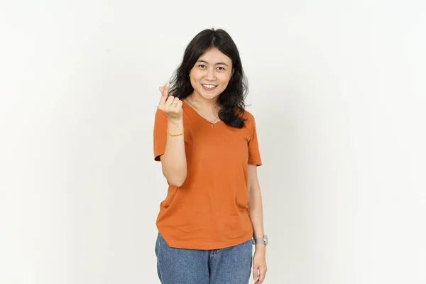 Mooie Aziatische Vrouw Dragen Oranje Kleur Shirt Toont Koreaanse Vinger — Stockfoto