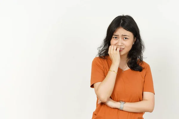 Mooie Aziatische Vrouw Dragen Oranje Kleur Shirt Nerveus Bijten Nagel — Stockfoto