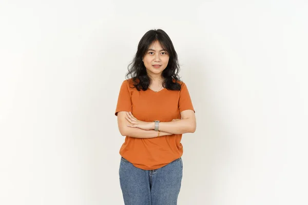 Mooie Aziatische Vrouw Dragen Oranje Kleur Shirt Kijken Naar Camera — Stockfoto