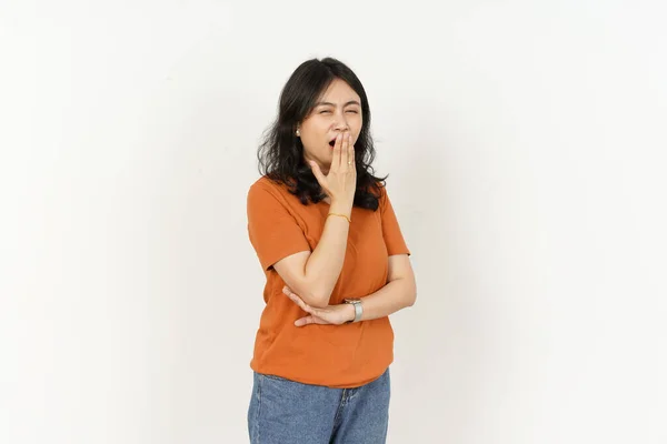 Mooie Aziatische Vrouw Dragen Oranje Kleur Shirt Geelachtig Gebaar Expressie — Stockfoto