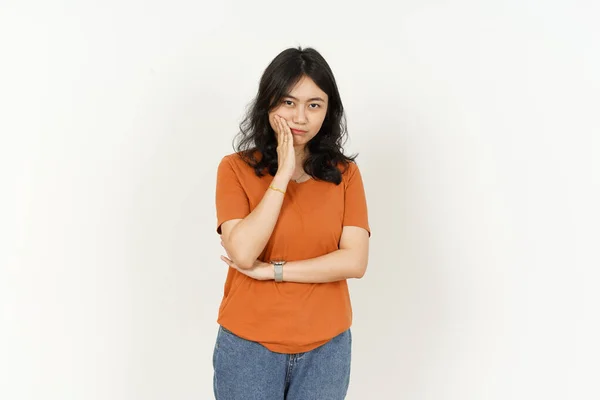 Bela Ásia Mulher Vestindo Laranja Cor Shirt Dor Dente Gesto — Fotografia de Stock