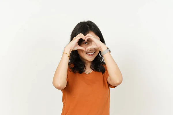 Belle Asiatique Femme Portant Orange Couleur Shirt Faire Montrer Amour — Photo