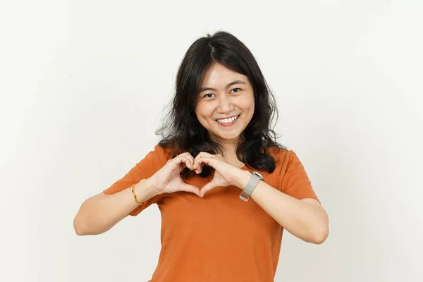 Bella Donna Asiatica Che Indossa Arancione Colore Shirt Fare Mostrando — Foto Stock