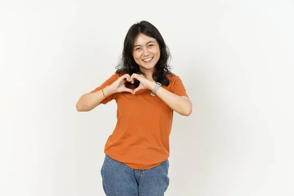 Bela Ásia Mulher Vestindo Laranja Cor Shirt Fazer Mostrando Amor — Fotografia de Stock