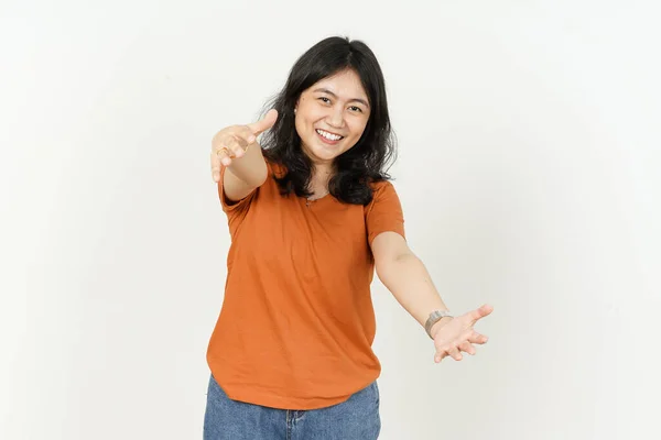 Mooie Aziatische Vrouw Dragen Oranje Kleur Shirt Geven Een Knuffel — Stockfoto