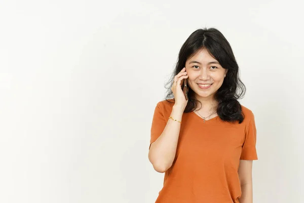 Talking Phone Happy Face Expression Beautiful Asian Woman Wearing Orange — Stock Photo, Image