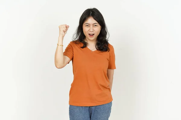 Irritado Expressão Gestos Bela Ásia Mulher Vestindo Laranja Shirt Isolado — Fotografia de Stock