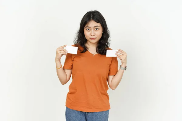 Toon Blanco Creditcard Van Mooie Aziatische Vrouw Het Dragen Van — Stockfoto