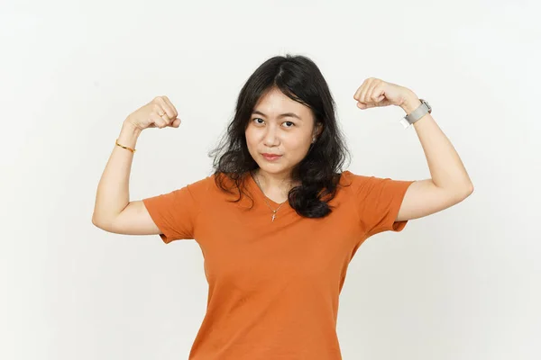 Affichage Force Lever Les Bras Belle Femme Asiatique Portant Shirt — Photo