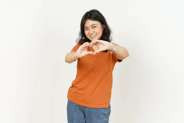 Showing Heart Shape Hand Sign Beautiful Asian Woman Wearing Orange — Stock Photo, Image