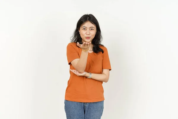 Blazen Kus Gebaar Van Mooie Aziatische Vrouw Dragen Oranje Shirt — Stockfoto