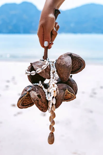 Woman Holding Tropical Branch Necklace Made Seashells Sea Shore Background — Stock Photo, Image