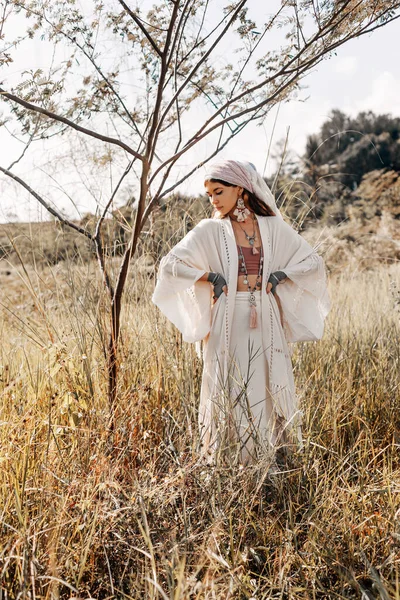 Belle Élégante Jeune Femme Campagne Sur Terrain — Photo