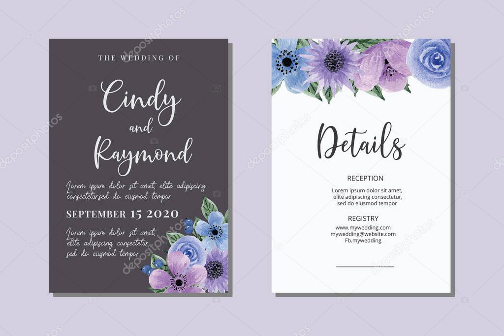 Wedding invitation frame set, floral watercolor hand drawn Flower design Invitation Card Template In Purple Background