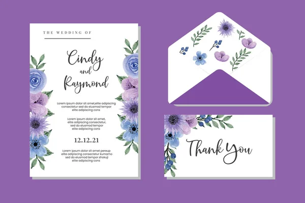 Wedding Invitation Frame Set Floral Watercolor Hand Drawn Flower Design — Stock Vector