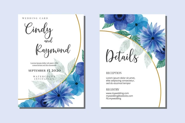Hochzeitseinladung Rahmenset Blumenaquarell Handgezeichnet Blue Flower Design Einladungskarte Vorlage — Stockvektor