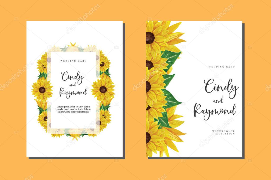 Wedding invitation frame set, floral watercolor hand drawn Sunflower design Invitation Card Template