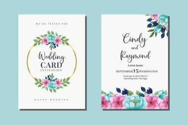 Düğün davetiyesi çerçevesi seti, çiçekli suluboya el çizimi çiçek tasarımı davetiye şablonu